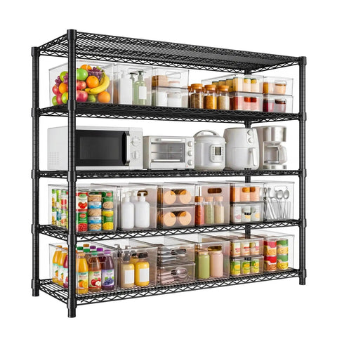 Badass Heavy Duty Adjustable Metal Wire Shelving Unit with Reinforced Carbon Steel Grid displaying food, kitchen appliances and containers.