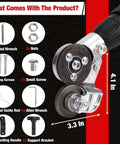 Drill Powered Sheet Metal Nibbler Attachment For Steel, includes 1 ended wrench, 2 nuts, 2 long screws, 1 small screw, and more.