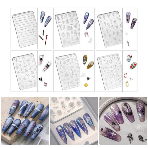 Collage of various nail stamping designs showcasing different animal and abstract patterns on nails, using stamping plates and finished nail art.