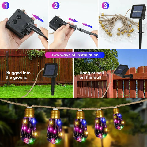 Vintage Hemp Rope Solar String Lights With 20 Shatterproof Bulbs 8 Modes And Memory Function Sun Powered Waterproof Outdoor Lighting for garden installation