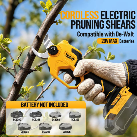 Electric Pruning Shears Punch Through Tough Stems With Zero Sweat Using Rock Solid 1.8 Inch Cut Capacity Cordless Plant Clippers For Stress Free Yard Work Garden Gear in use, cutting branch.