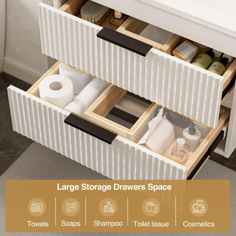No Fuss 24 Inch Wall Mount Bathroom Vanity With Durable Resin Sink And Deep Twin Drawers showing large storage drawers filled with toiletries.