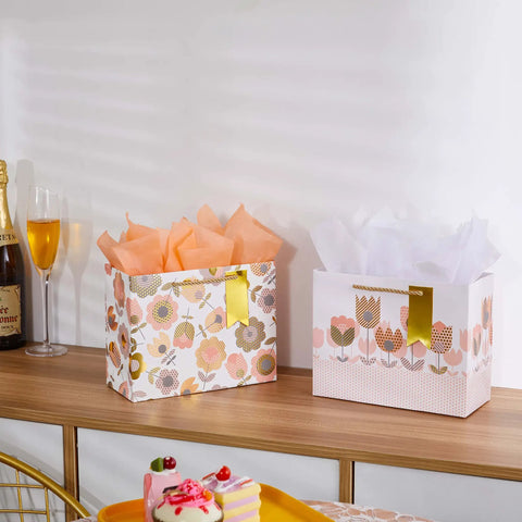 Two Pack 9 Inch Flower Gift Bags With Tissue Paper Featuring Tulip Floral Design Perfect For Mother's Day Gifts Birthdays Bridal Showers Easter