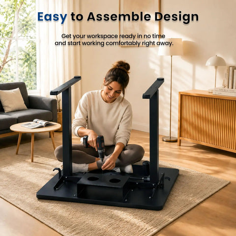 Woman assembling ExaDesk 35 By 20 Inch Electric Standing Desk Compact Height Adjustable Sit Stand Workstation in black.