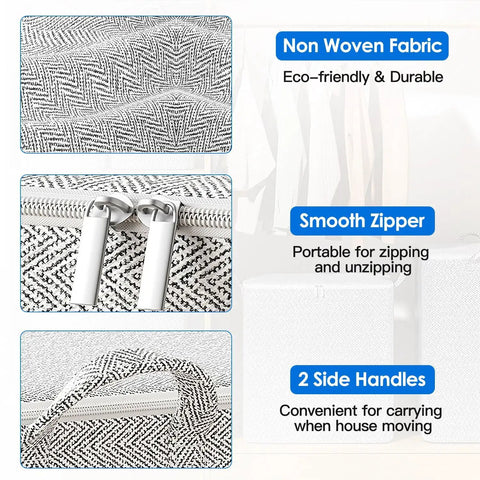 Close-up of Straight Up Game Changing Foldable Storage Bags 4 Pack showcasing non woven fabric, smooth zipper, and side handles.