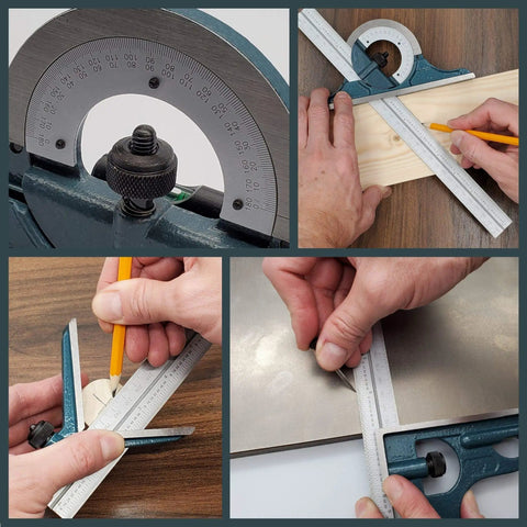 Pro Grade Combination Square Set With Protractor 12 Inch Bevel Ruler for precise measurements in woodworking and metalworking.
