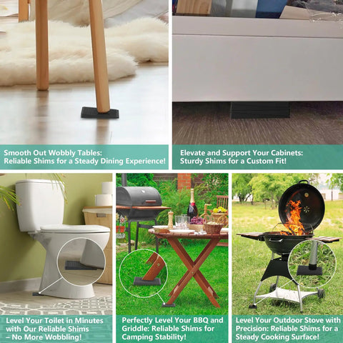 Wrangling Wobbly Furniture Fast With Twenty Four Piece Rubber Leveler Kit stabilizing table and toilet on uneven floors.