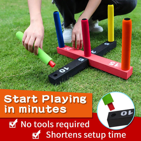 Indoor and outdoor ring toss game for kids and grownups with 5 poles 2 bases 16 soft foam rings easy setup family game.