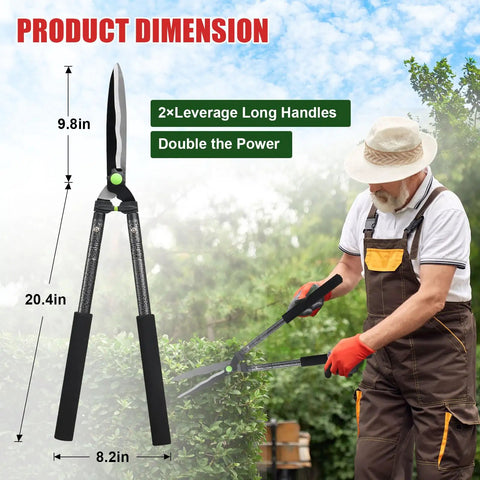 Self Sharpening High Carbon Steel Hedge Trimmers With 2x Leverage Long Handles For Effortless Pruning in use by a gardener