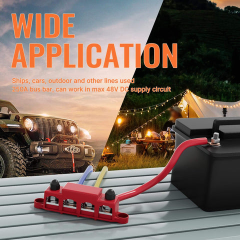 Heavy Duty 12 Volt 250 Amp Bus Bar And Power Distribution Block Featuring Four Three Eighth Inch Studs For Marine Boat Automotive And Solar Wiring Negative And Positive Terminal Block outdoor application