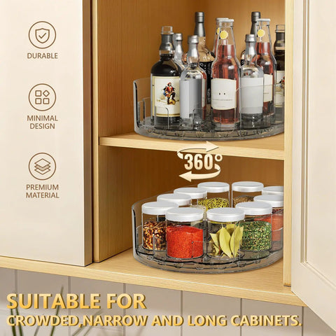 Clear Rectangular Lazy Susan Organizer For Refrigerator 13.5 By 8.5 Inches with condiments and bottles on cabinet shelf.