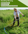 Man using 27 Inch Scythe For Grass Cutting With Sharpening Stone Heavy Duty Steel Blade And 62 Inch Adjustable Handle in tall grass