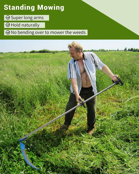 Man using 27 Inch Scythe For Grass Cutting With Sharpening Stone Heavy Duty Steel Blade And 62 Inch Adjustable Handle in tall grass