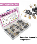 Electric Motor Carbon Brushes Set Of 60 Pcs In 10 Sizes for Power Tools in organized storage box, includes accessories.