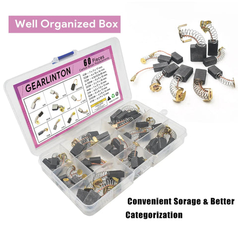 Electric Motor Carbon Brushes Set Of 60 Pcs In 10 Sizes for Power Tools in organized storage box, includes accessories.