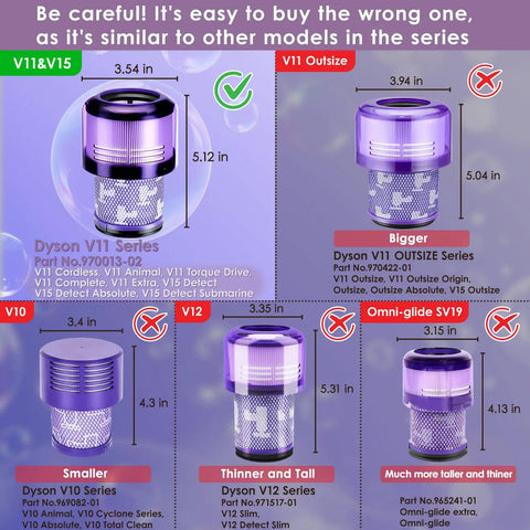 Comparison chart of various Dyson V11 vacuum filters, including sizes and compatibility with different vacuum models.