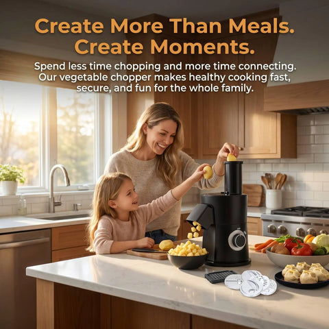 7-in-1 Electric Vegetable Chopper And Mincer With 7 Stainless Steel Blades being used by a mother and daughter in a kitchen.