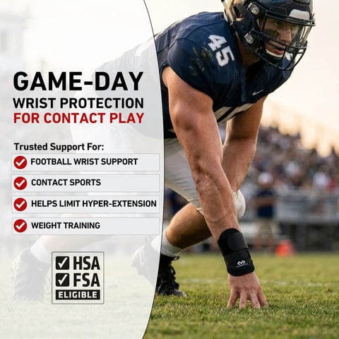 Football player wearing adjustable wrist brace with dual elastic straps for maximum support heavy duty work and sports wrist guard.
