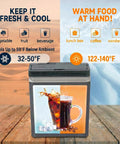 Portable 27 Quart Electric Cooler And Warmer For Car Or Home With Handle 12V/24V DC And 100-240V AC displaying drinks with temperature ranges.
