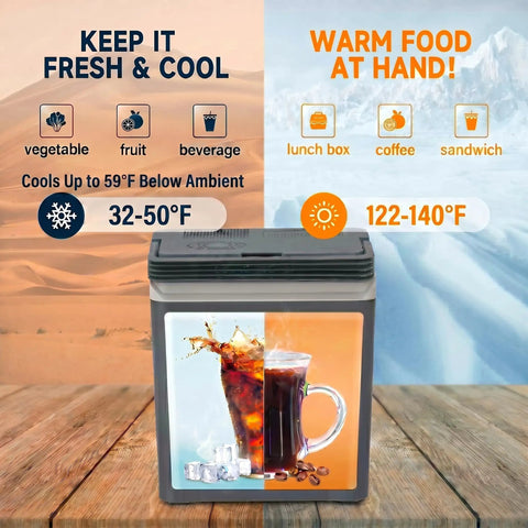 Portable 27 Quart Electric Cooler And Warmer For Car Or Home With Handle 12V/24V DC And 100-240V AC displaying drinks with temperature ranges.