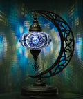 Dope Moon Shaped Mosaic Table Lamp With Turkish Glass Handmade Moroccan Boho Vintage Stained Glass Desk Lamp Tiffany Style Nightstand Lamp US Plug And E12 Socket Unique Artisan Lighting Decor in blue tone