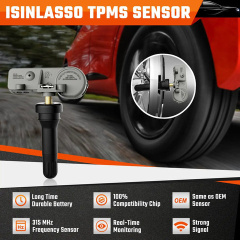 Drop In Ready 315Mhz Tire Pressure Sensors 4Pack Preprogrammed For Gm Vehicles Replaces 13581558 showing tire pressure monitor sensor on car wheel.