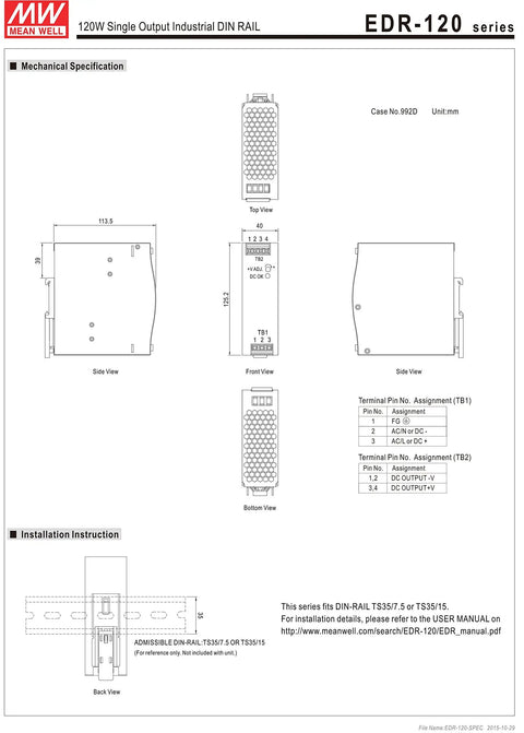 EDR-120-24 DIN Rail Power Supply 24V 5A 120W, single-output industrial unit with 113.5 mm case dimensions and terminal layout