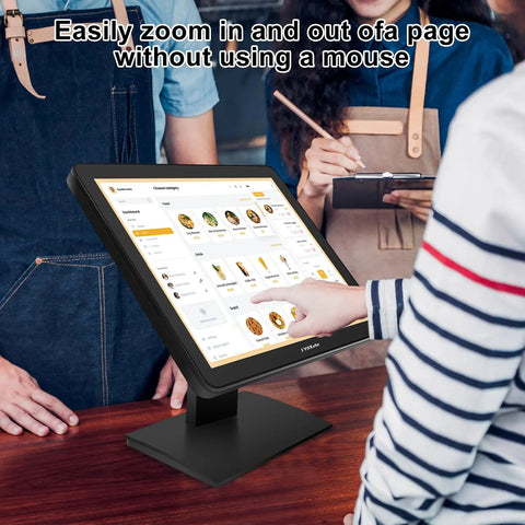 17 Inch Capacitive Touchscreen Monitor With Ten Point Multi Touch For Fluid Gestures In Restaurant Retail And Pos Kiosks features user interacting in a food ordering system.