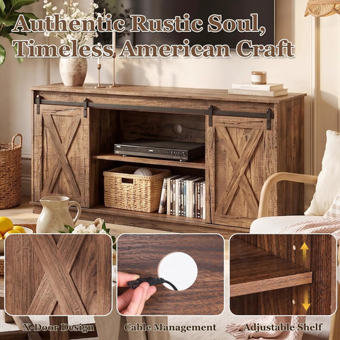 Hella Sturdy Farmhouse TV Stand For 65 Inch TV With Plenty Of Storage Space And Rustic Brown Finish, featuring adjustable shelf and cable management.