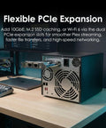 Heavy-Duty 4-Bay Desktop Nas Built To Crush Massive Data Loads Without Breaking A Sweat, Featuring Quad-Core Amd Ryzen Processor And 8Gb Ram, Dual M.2 Nvme Ssd Slots For Blazing Cache Speeds, And Dual 2.5Gbe Ports For Snappy Team Sharing Plus Swift Local with PCIe expansion and ports visible.