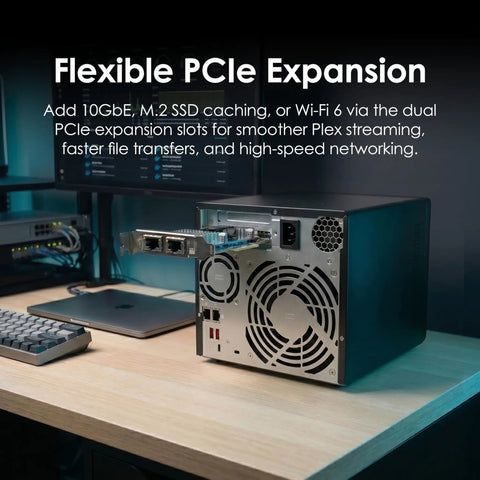 Heavy-Duty 4-Bay Desktop Nas Built To Crush Massive Data Loads Without Breaking A Sweat, Featuring Quad-Core Amd Ryzen Processor And 8Gb Ram, Dual M.2 Nvme Ssd Slots For Blazing Cache Speeds, And Dual 2.5Gbe Ports For Snappy Team Sharing Plus Swift Local with PCIe expansion and ports visible.