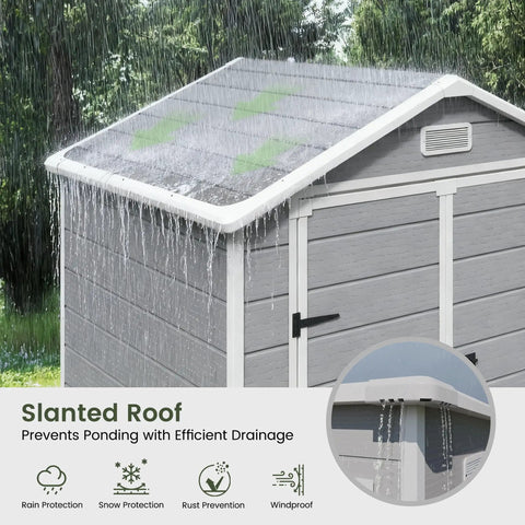 Lockable Plastic Garden Shed With Floor For Backyard Storage, showing slanted roof with rainwater drainage, 6x4.5 ft gray.