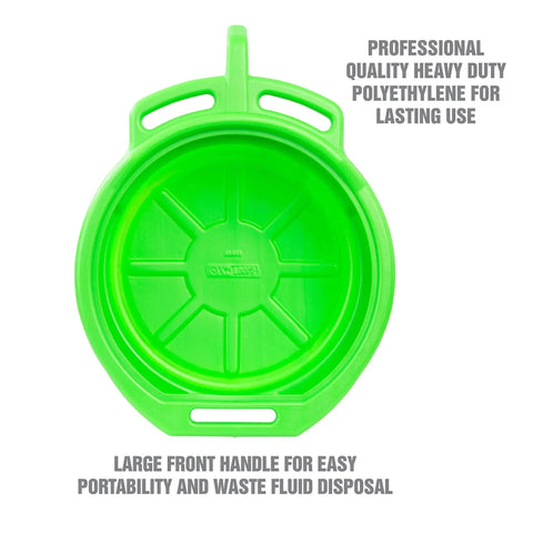 Heavy Duty 4 Gallon Oil Drain Pan With Pour Spout And No Splash Lip, stackable polyethylene pan, top view showing ergonomic handles.