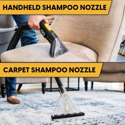 Beast Mode 8 Gallon Wet Dry Vacuum with external detergent tank using handheld and carpet shampoo nozzles on furniture and rugs