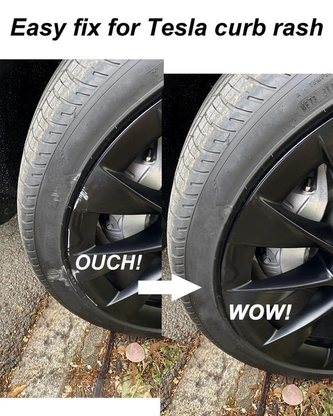 Premium Matte Black Rim Touch Up Paint Pen For Wheel Scratch Repair And Curb Rash Fix Quick Dry Formula applied on Tesla rims.