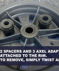 Close-up of wheel with spacers on a beefy 14 inch wheelbarrow tire with flat free design made from recycled rubber, universal axle fit.