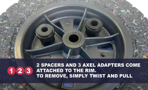 Close-up of wheel with spacers on a beefy 14 inch wheelbarrow tire with flat free design made from recycled rubber, universal axle fit.