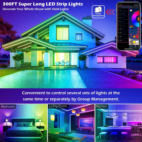 Ultra Long RGB LED Strip Lights With Music Sync, 300Ft 90M, Bluetooth App Control And IR Remote lighting house exterior and rooms