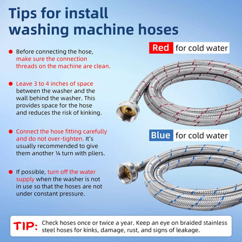 Two braided stainless steel washing machine hoses; red for hot water, blue for cold water