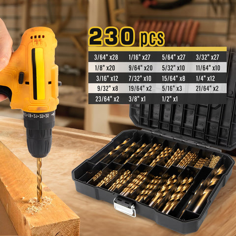 230-Piece Titanium Twist Drill Bit Set For Metal And Wood shown in storage case with drill in use on wood