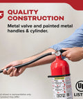 Person holding all-metal Home Fire Extinguisher For Residential And Living Areas 2A10BC with metal valve and cylinder.