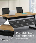 Heavy Duty Folding Training Table With Lockable Caster Wheels And Quick Flip Top Surface Ideal For Busy Offices shown with portable iron storage rack.