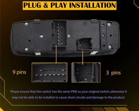 Close-up of the Front Left Power Window Master Switch showing 3+9 pin connectors