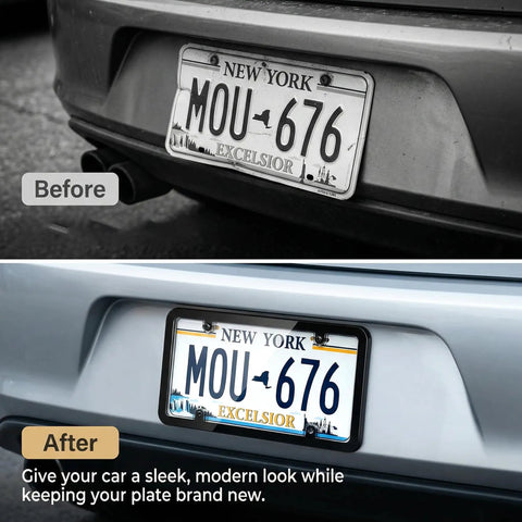 Comparison before and after using Clear License Plate Frame Protectors 2 Pack Universal Fit For All US Standard Plates