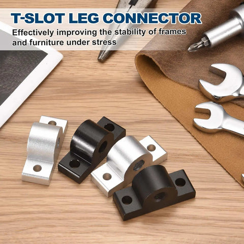 Six Pack M8 T Slot Leg Connectors Aluminum Corner Brackets on a workbench with tools, made for profile extrusion applications.