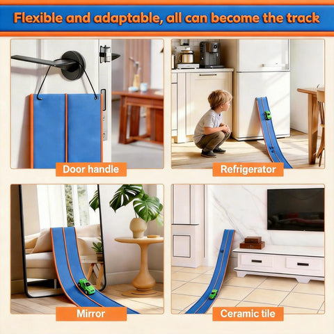 Portable 15 Foot Flexible Race Car Track Set For Kids With One Sixty Four Scale Rebound Cars Rolls Up Track With Strong Suction Cups DIY Car Track Toy Awesome Gift For Boys And Girls Ages Three And Up used on various surfaces.