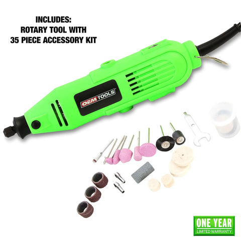 Badass Heavy Duty Corded Rotary Tool With 35 Piece Accessory Kit, showing tool and various bits on white background.
