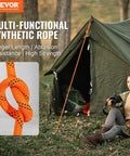 Woman with dog near tent featuring an orange synthetic rope; 7/16 Inch Double Braid Polyester Rope 150 Ft Heavy Duty Pulling Rope 880 Lbs Break Strength For Towing Rigging Sailing And Outdoor Use Not For Climbing.