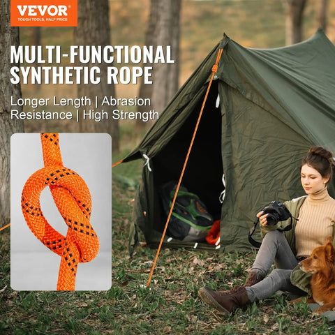 Woman with dog near tent featuring an orange synthetic rope; 7/16 Inch Double Braid Polyester Rope 150 Ft Heavy Duty Pulling Rope 880 Lbs Break Strength For Towing Rigging Sailing And Outdoor Use Not For Climbing.