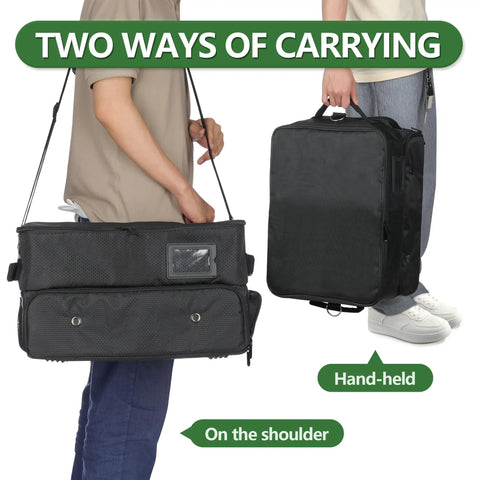 Two ways of carrying Three Layer Golf Trunk Organizer With Extra Large Storage on shoulder and hand-held